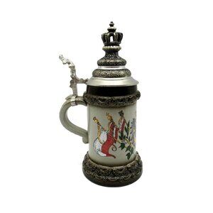 KING Ceramic Crest Stein Pewter Lid with CROWN on top 10" Tall Austria Vintage